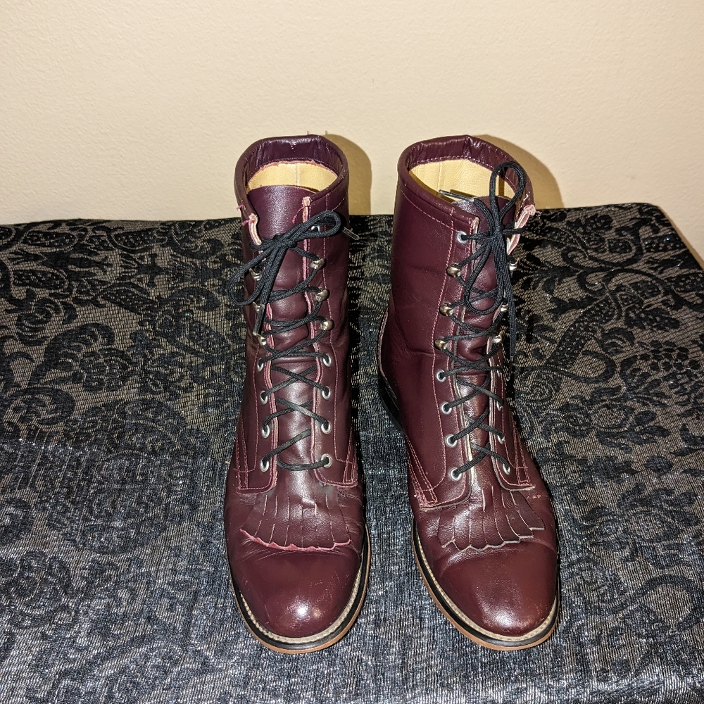 Laredo Leather Kiltie Logger Boots Burgundy Size 8.5M